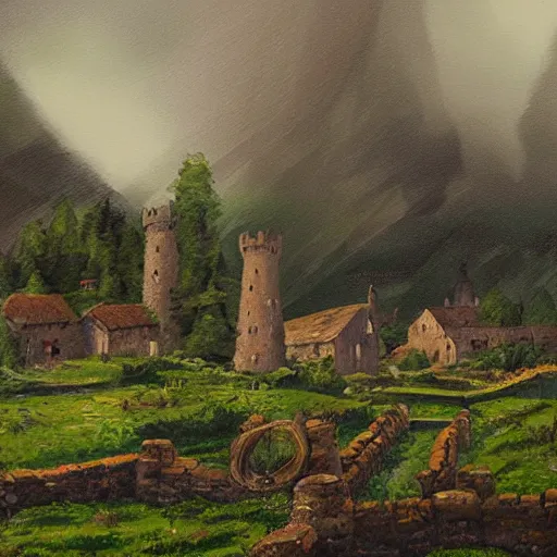 Prompt: a medieval village near a castle in a meadow, light rainstorm, oil painting concept art