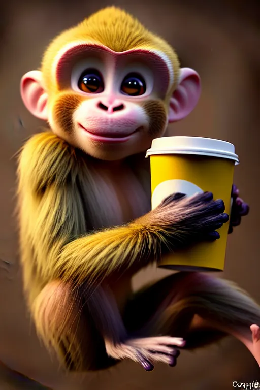 Prompt: high quality 3 d render hyperrealist very cute monkey with a starbucks coffee, vray smooth, in the style of detective pikachu, hannah yata, very dramatic light, low angle, uhd 8 k, shallow depth or field