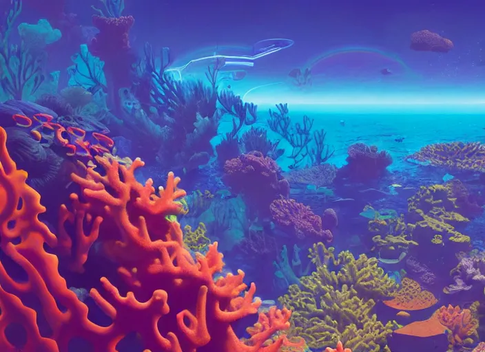 Image similar to a luminescent coral reef by paolo eleuteri serpieri and tomer hanuka and chesley bonestell and daniel merriam and tomokazu matsuyama and killian eng, unreal engine, high resolution render, featured on artstation, octane, 8 k, highly intricate details, vivid colors, vector illustration, rainbow colors