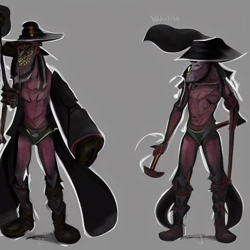 Prompt: anthropomorphic jackrayharengon with black skin, wearing stylized monk robes and a wide brimmed hat, digital art featured on artstation