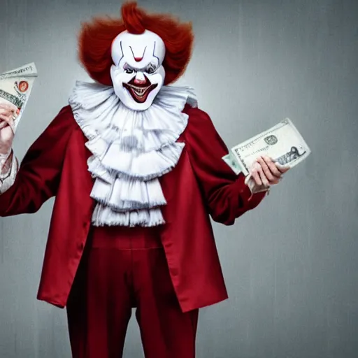 Prompt: Pennywise the clown wearing a business suit and holding a banknote in his hands, full body shot