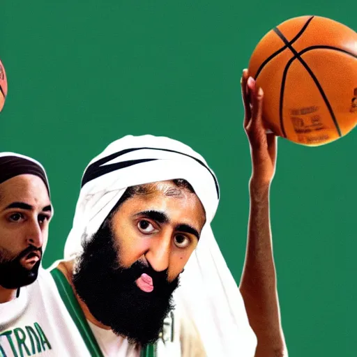 Image similar to facial portrait of osama bin laden shooting free throws, boston celtics jersey, wearing a headband, sweating, focused