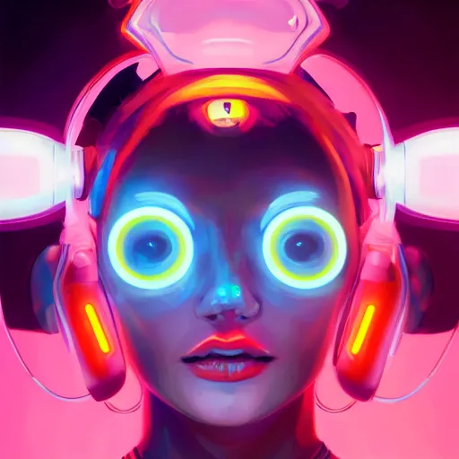 Image similar to portrait of a cute young woman with robot ears and eyes, 4k, sharp focus, neon colored fluorescent lighting, Andreas Rocha