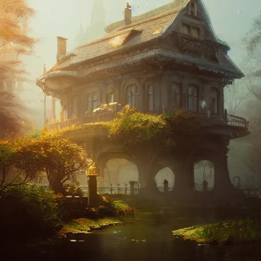 Image similar to clock house, magical world, by greg rutkowski, sung choi, photo realistic, 8 k, cinematic lighting, hd, atmospheric, hyperdetailed, trending on artstation, devainart, digital painting, glow effect