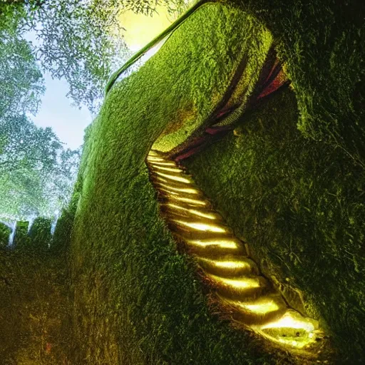 Prompt: a first person perspective shot looking up a stone staircase leading to an ancient stone archway that leads to an aaahh!!! Real monsters dimension covered in vines and emanating glowing yellow green light by James Gurney and beeple