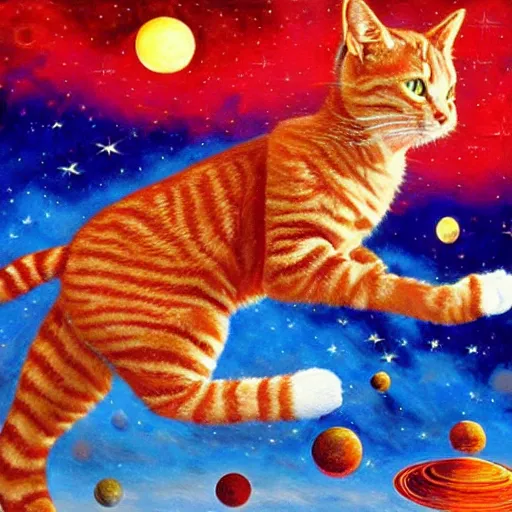 Prompt: a red tabby cat on a synthesizer flying through space , highly detailed oil painting in Memphis style