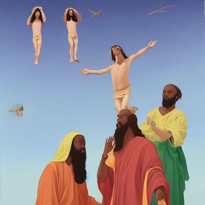 Prompt: three UFOs hovering over an African Jesus, painting by Hsiao-Ron Cheng, colorful,