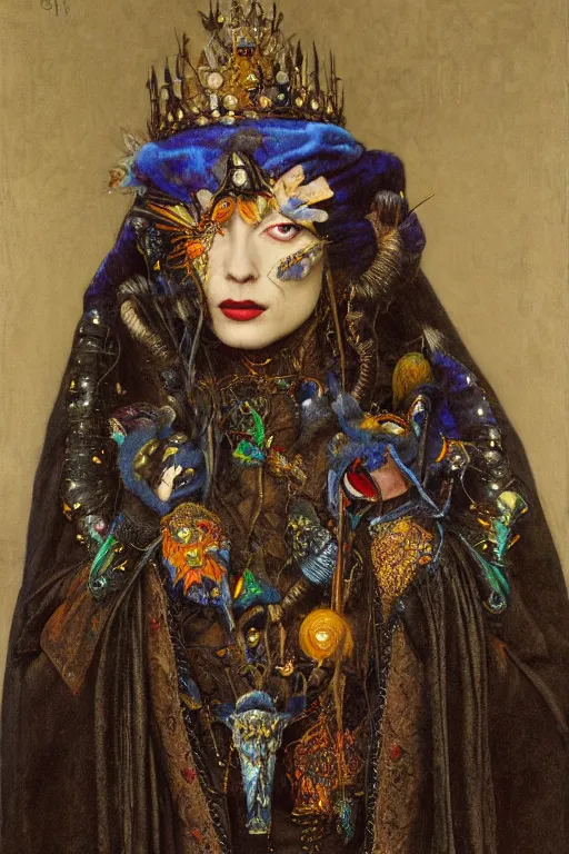 Prompt: portrait of the queen of crows, by Donato Giancola and John Bauer and Vermeer, embroidered velvet waistcoat, iridescent beetles, rich color, featured on Artstation, cgisociety, unreal engine, extremely detailed