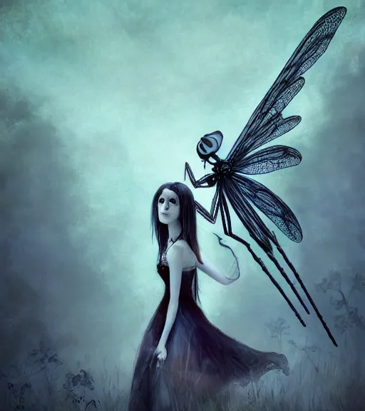 Image similar to gothic fairy with dragonfly wings, digital painting, liminal eerie midnight backlit, a picture taken by Michael Komarck