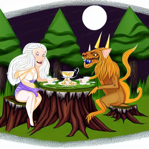 Prompt: fantasy illustration of a manticore at a tea party with a gnome wizard and and ogre knight of the realm. Setting is a forest. Table is a tree stump with a kettle on top