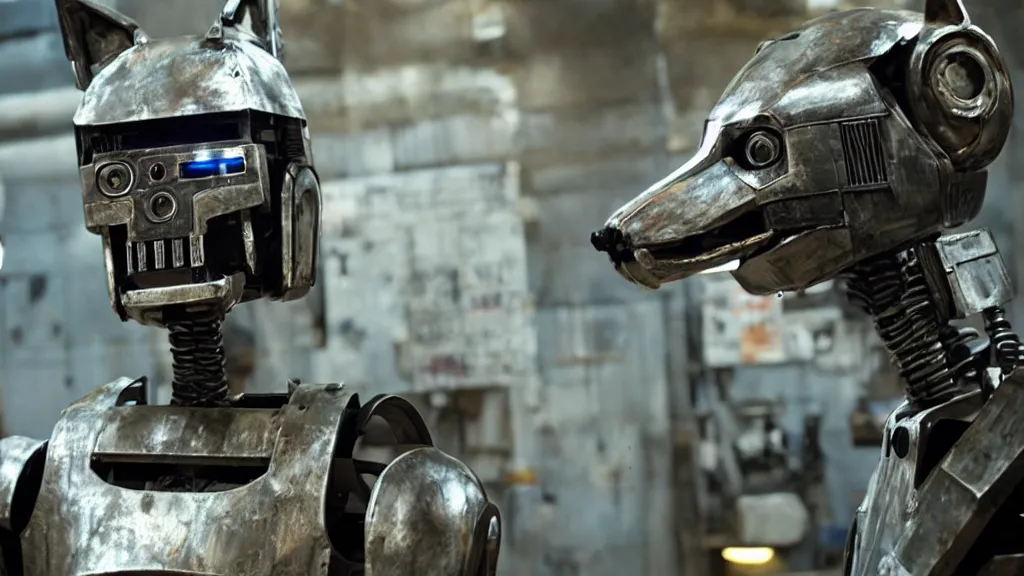 Prompt: film still from the movie chappie of the robot chappie shiny metal outdoor scene furry anthro anthropomorphic stylized wolf dog canine ears head android service droid robot machine fursona