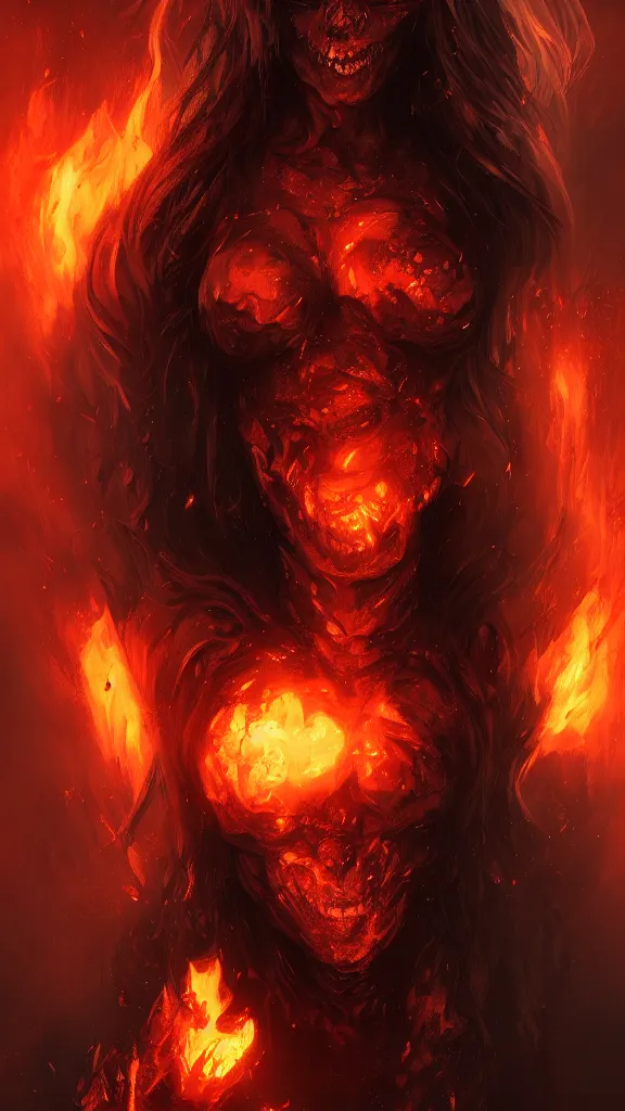 Image similar to portrait of demon from hell, full body shot, horror, fire, burning, fantasy, visually stunning, trending on artstation, cgsociety, artgerm