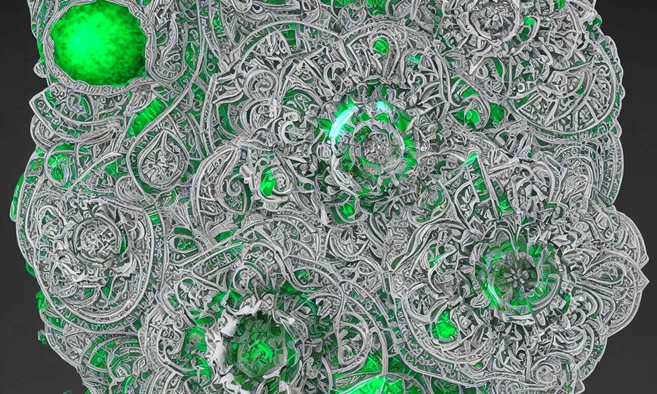 Image similar to mandrelbot 3 d volume fractal mandala ceramic chakra digital color stylized an ancient white bone and emerald gemstone relic, intricate engraving concept 3 d point lighting substance patern natural color scheme