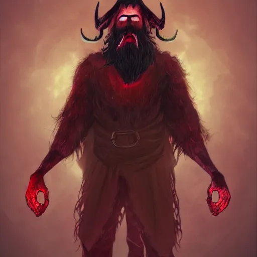 Prompt: dnd render of a man, red, a big black beard, golden eyes, 2 horns protruding out of his forehead which curve back, one is broken at a quarter of the length of the other.