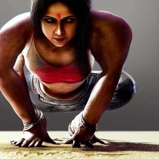 Image similar to indian woman doing push ups, ultra realistic, concept art, intricate details, highly detailed, photorealistic, octane render, 8 k, unreal engine