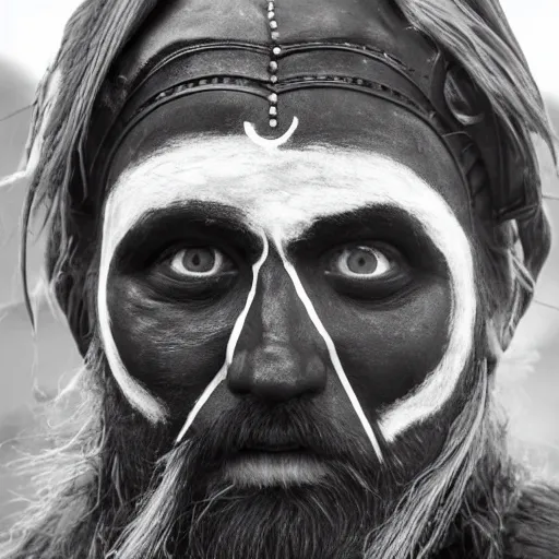 Image similar to viking in black body armour with white and black face painting, extremely detailed image from a film