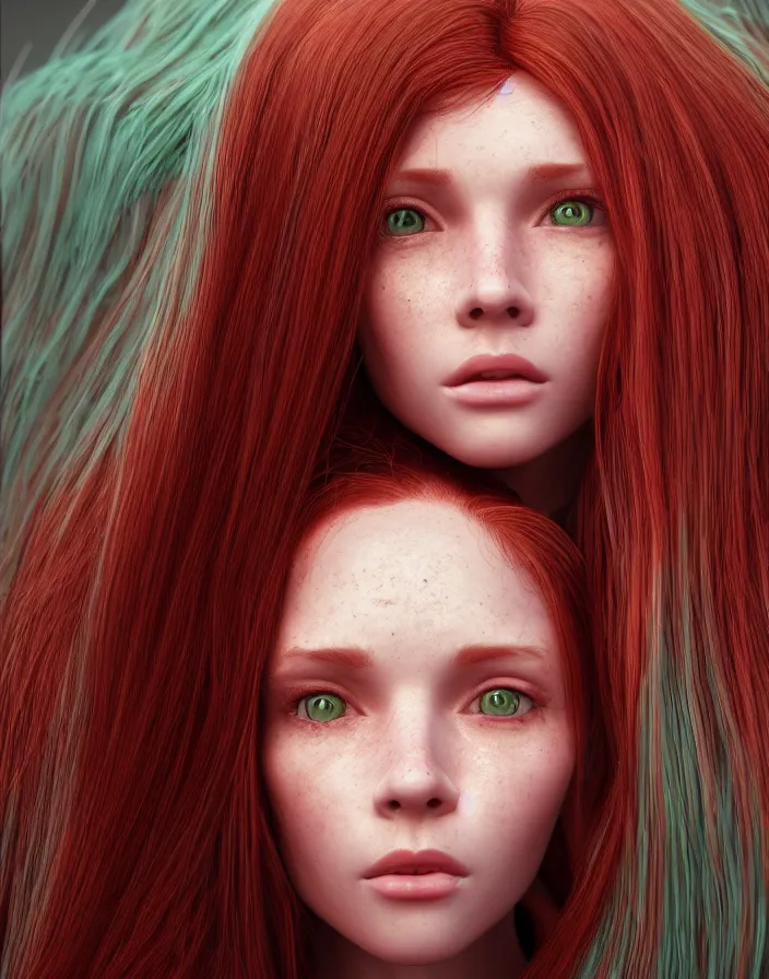 Image similar to girl portrait. red hair, green eyes. intricate artwork. octane render, trending on artstation, very coherent symmetrical artwork. cinematic, hyper realism, high detail, octane render, 8k, matte painting, 3d