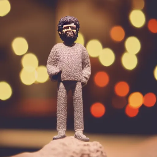 Image similar to close up shot of a pixelated bobble head terence mckenna, depth of field, fstop 1. 3, bokeh