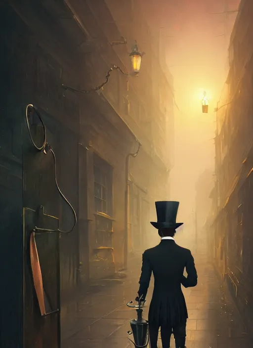 Image similar to highly detailed portrait of jack the ripper wearing goggles and a top hat, stephen bliss, unreal engine, greg rutkowski, loish, rhads, beeple, makoto shinkai and lois van baarle, ilya kuvshinov, rossdraws, tom bagshaw, tom whalen, alphonse mucha, global illumination, god rays, detailed and intricate environment