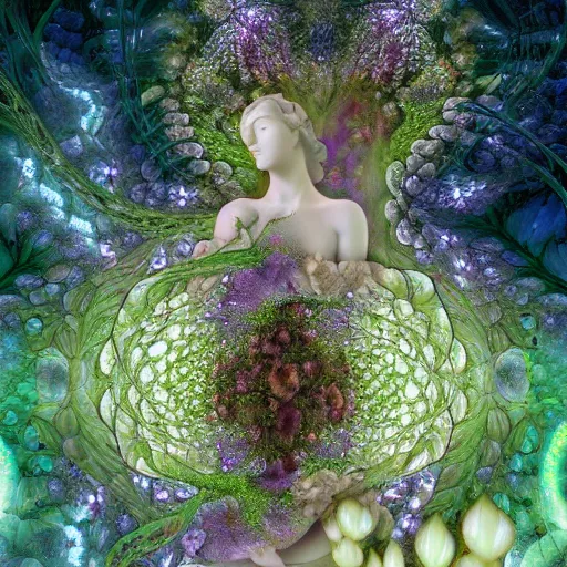 Prompt: glowing delicate flower and mushrooms that grow in a dark fatansy forest on the planet Pandora, an idealistic marble statue with fractal flowery hair in a fractal garden, - W 704