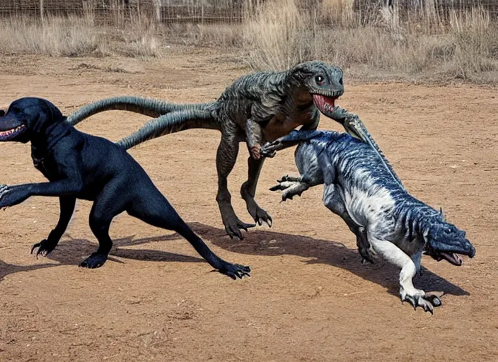 Image similar to photo of a dog and a velociraptor playing together