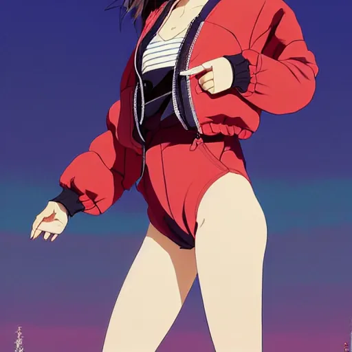 Image similar to a beautiful japanese natalie portman gravure model, wearing oversized native designer bomber jacket and leotard with overalls, bulky poofy bomber jacket with mesoamerican patterns, mesoamerican native street fashion, gapmoe yandere grimdark, trending on pixiv fanbox, painted by greg rutkowski makoto shinkai takashi takeuchi studio ghibli, akihiko yoshida