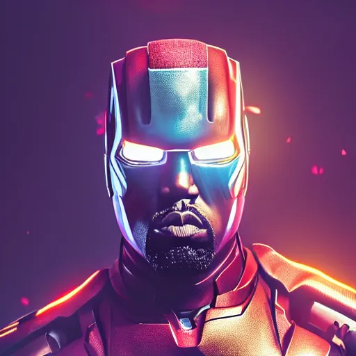 Image similar to Portrait of Kanye West in a Ironman-suit, splash art, movie still, cinematic lighting, dramatic, octane render, long lens, shallow depth of field, bokeh, anamorphic lens flare, 8k, hyper detailed, 35mm film grain