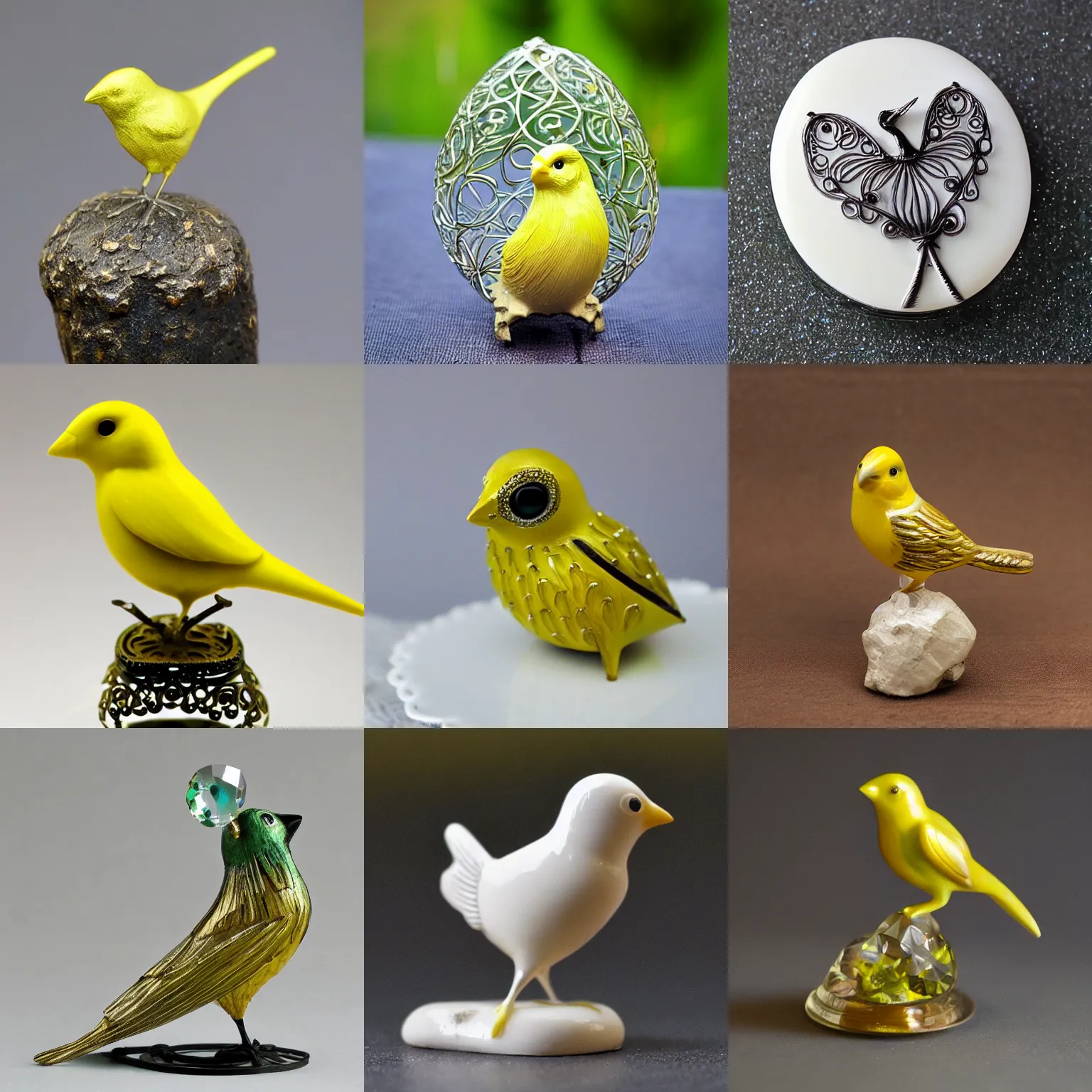 Prompt: hollow filigree canary figurine, with a gemstone in its heart, photography