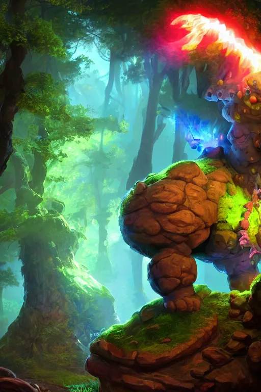 Image similar to arcane fantasy art giant golem elemental wood rock bastion forged gemstone enchanted forest troll, global illumination ray tracing hdr fanart arstation by sung choi and eric pfeiffer and gabriel garza and casper konefal lisa frank zbrush central hardmesh radiating a glowing aura