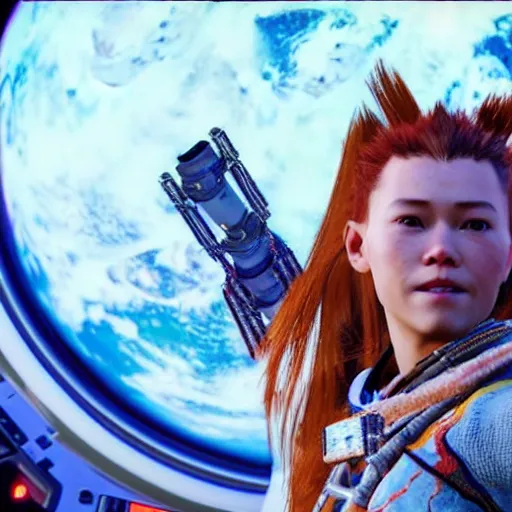 Image similar to aloy from the horizon zero dawn videogame playing the guitar in the international space station