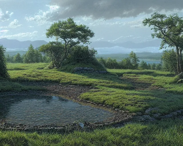 Image similar to a swampy hill landscape with a circle of finger - shaped stones, by ted nasmith