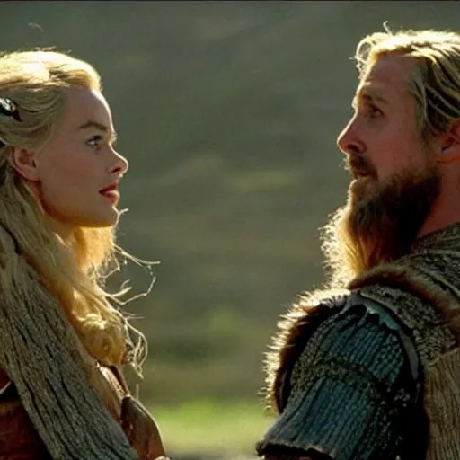 Image similar to still of ryan gosling and margot robbie, in a viking movie ( 1 9 8 6 )