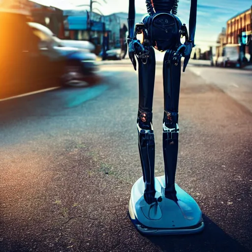 Image similar to a calming photograph of a tall, slender, humanoid robot caresses a beautiful woman in the face, large shot, wide shot, in a street, sunset photo