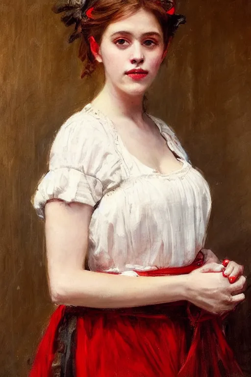 Image similar to Solomon Joseph Solomon and Richard Schmid and Jeremy Lipking victorian genre painting full length portrait painting of a young beautiful woman traditional german french barmaid in fantasy costume, red background