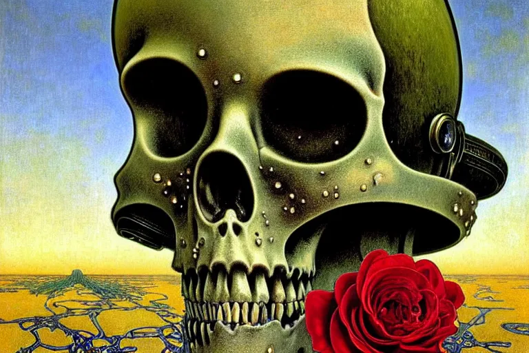 Image similar to realistic detailed portrait painting of a skeleton with a single rose wearing sci-fi helmet in a dystopian landscape by Jean Delville, Amano, Yves Tanguy, Alphonse Mucha, Ernst Haeckel, Edward Robert Hughes, Roger Dean, rich moody colours, blue eyes