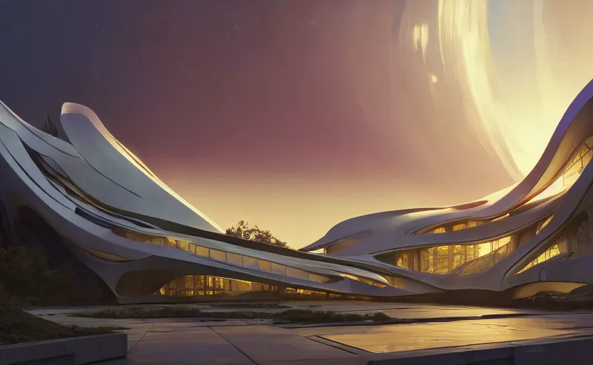 Image similar to exterior photo shot of utopian architecture laboratory with cinematic lighting by moebius and zaha hadid and renzo piano, darek zabrocki and greg ruthkowski, alphonse mucha, simon stalenhag, cinematic, shot on canon 5 d width angle lens, lambda shape, scifi, futurism, atmospheric, sunset, concept art, artstation, trending on artstation