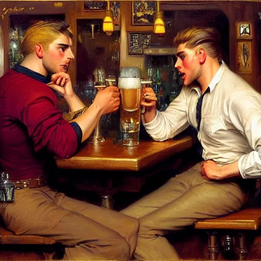 Image similar to attractive maculine male with brunet hair and attractive masculine male with blond hair. pants and shorts, drinking their hearts out, in a pub. highly detailed and very defined painting by j. c. leyendecker, gaston bussiere, craig mullins 8 k