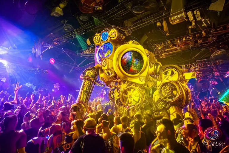 Image similar to scene is elrow party in amnesia ibiza, portrait photo of a giant huge golden and blue metal steampunk robot, with gears and tubes, eyes are glowing red lightbulbs, shiny crisp finish, 3 d render, 8 k, insaneley detailed, fluorescent colors, haluzinogetic, background is multicolored lasershow