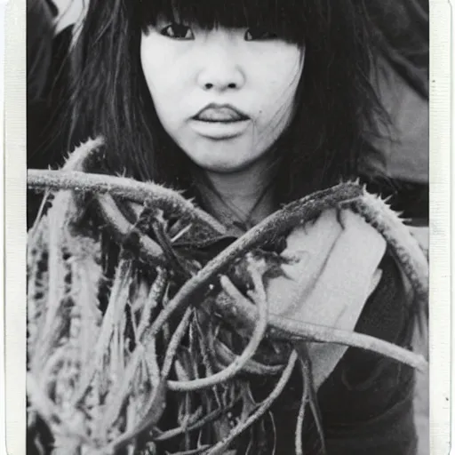 Image similar to black - haired girl with wild spiky black saiyan hair with long bangs over her eyes, hair bangs down to nose, eyeless, muscular, wearing casual clothing, standing on an alaskan fishing vessel, mekoryuk, alaska, 1 9 6 5, polaroid, kodachrome, grainy photograph