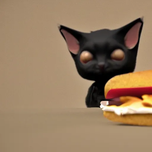 Image similar to a Bat kitten is eating a sandwich on sand which is sandy, 8k octane render.