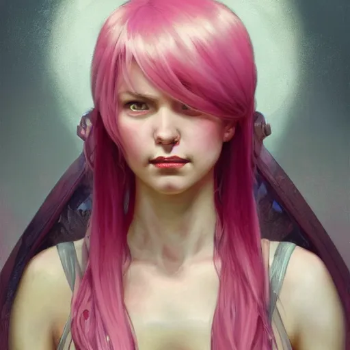 Prompt: a fantasy portrait of a girl with pink hair and a silver tongue, highly detailed, digital painting, artstation, concept art, smooth, sharp focus, illustration, art by artgerm and greg rutkowski and alphonse mucha