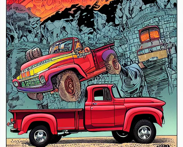 Prompt: a portrait of an old pickup truck by arthur adams and moebius and chip zdarsky