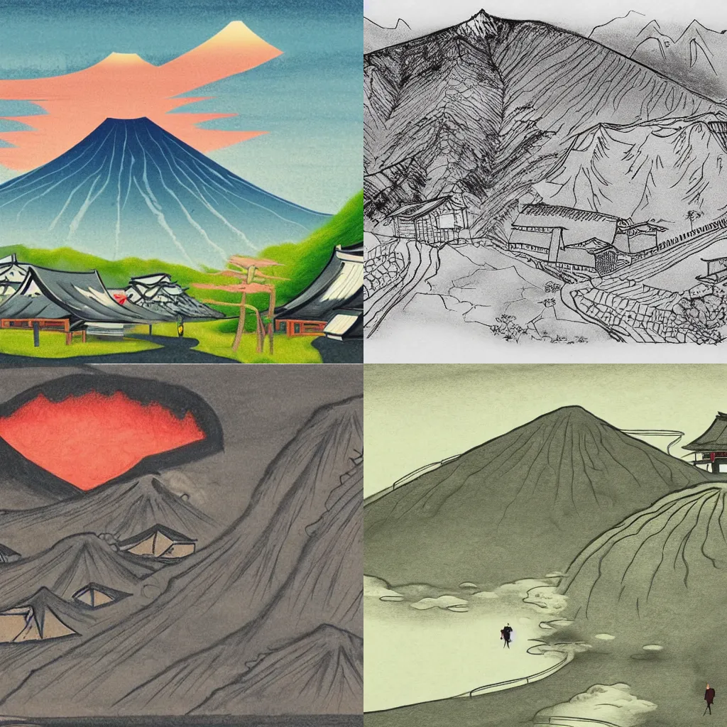 Prompt: a Japanese village surrounding a Volcano, abstract drawing, trending on ArtStation