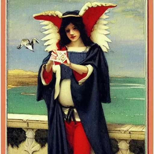 Image similar to An angel with jester hat and clothes on the front of a Balustrade with a beach on the background, major arcana cards, by paul delaroche, hyperrealistic