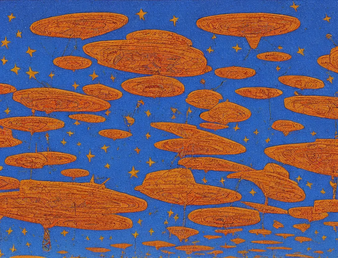 Image similar to ufos flying mysterious flags over a small city, low angle, stylized, sparse detail, by mati klarwein and moebius