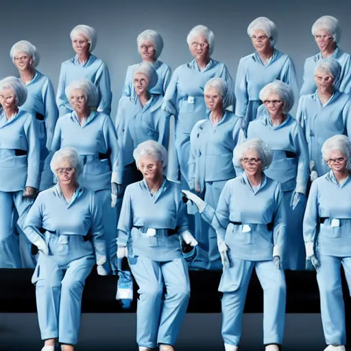 Image similar to troop of grannies with white bob hairdos, tight light blue neopren pilot suits, futuristic cloning facility, sci - fi, highly detailed, cinematic