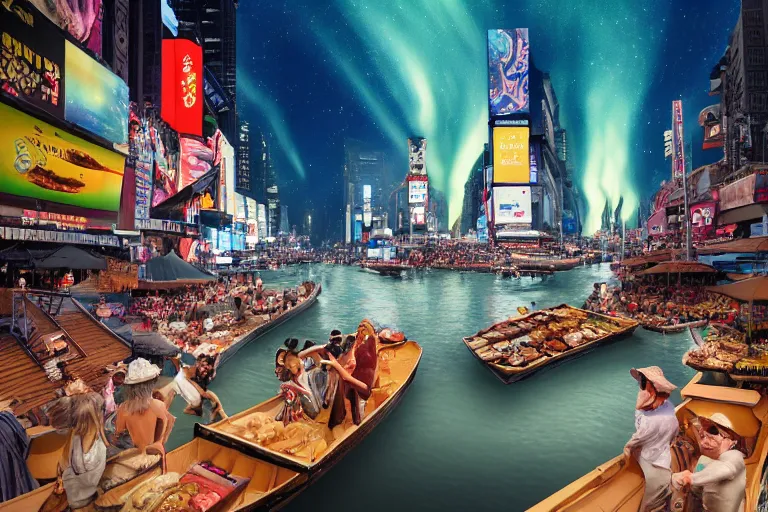 Image similar to floating markets of times square river in kyoto kamo gold river during sakura season on thermal waters flowing down gold travertine terraces during interstellar aurora borealis, royal blue waterfalls, vendors, festivals, fun, by peter mohrbacher, james jean, james gilleard, greg rutkowski, vincent di fate, rule of thirds, octane render, beautiful landscape