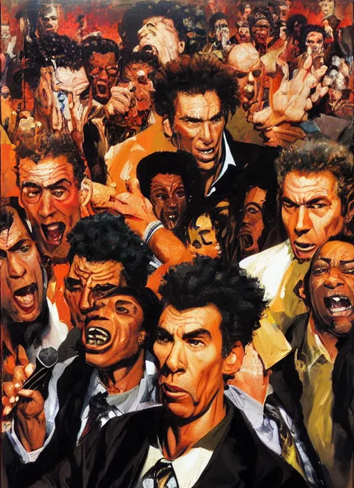 Image similar to kramer!! michael richards holding microphone in the middle of a horde of african americans, rioting, kramer torn apart painting by phil hale, 'action lines'!!!, graphic style, visible brushstrokes, motion blur, blurry