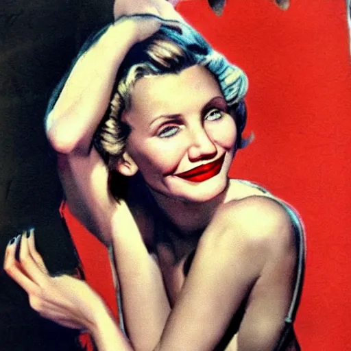 Image similar to Cameron Diaz portrait, color vintage magazine illustration 1950