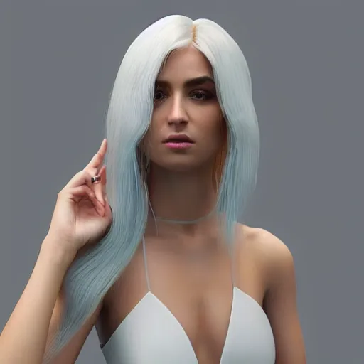 Image similar to “These 3D portraits are unbelievably incerdibly realistic. unreal engine 5. RTX. ray tracing. nvidia hairworks. portrait of Gorgeous girl with white hair futuristic. In bodysuit. Magic sparkles. very high detailed. By Charli Amani. ultra by Vishwesh Taskar